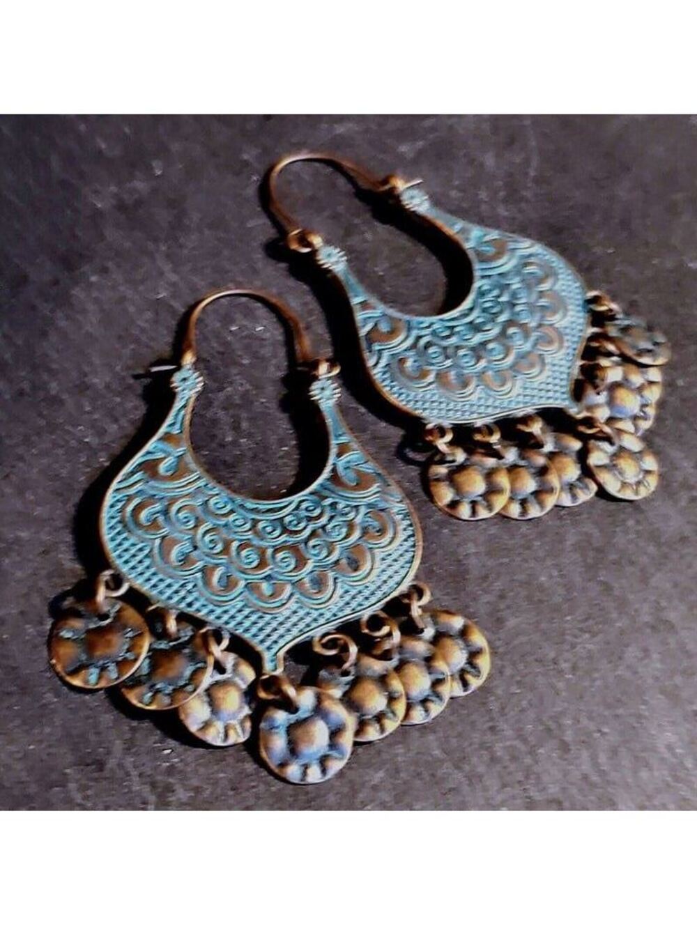 Antique Copper Verdigris Blue Green Patina Moroccan Hammered Rounds Earrings - Picture 2 of 6